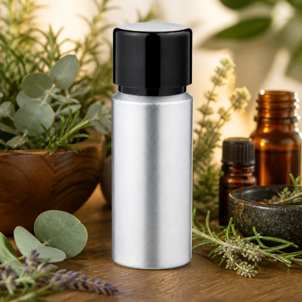 Bouteille en aluminium teinté 20 ml, avec bouchon à vis noir et joint conique Flacon compact en aluminium décapé 20ml - protection optimale contre la lumière et l'oxydation