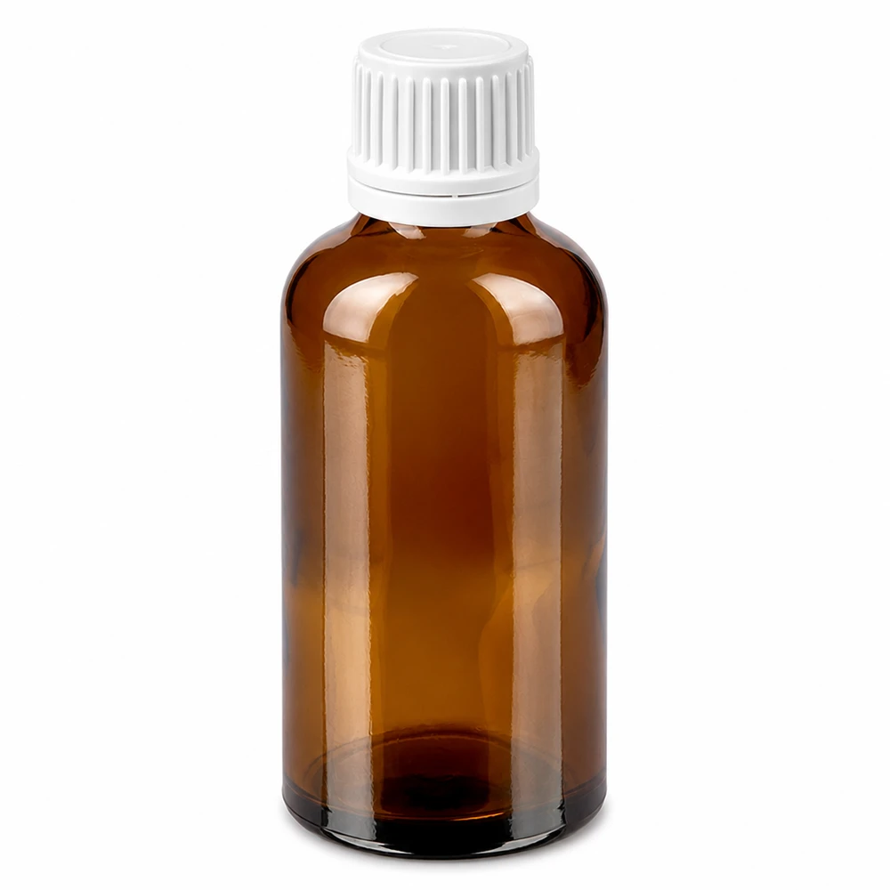 Flacon 50ml 11mm SV blanc OV BrownLine UT18/50 Flacon en verre brun de 50ml avec bouchon à vis blanc pour médicaments et cosmétiques