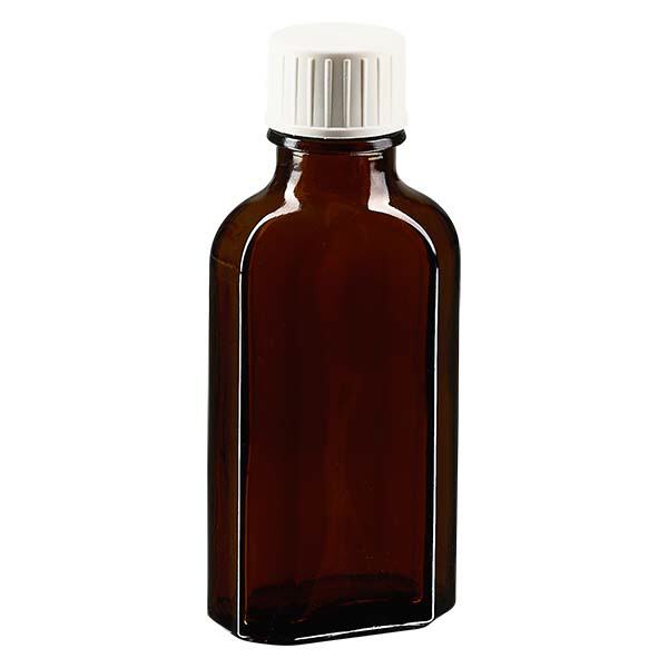 Flasque brune de 50 ml au goulot DIN 22, avec bouchon à vis DIN 22 blanc et bague anti-gouttes Flasque brune de 50 ml au goulot DIN 22, avec bouchon à vis DIN 22 blanc et bague anti-gouttes