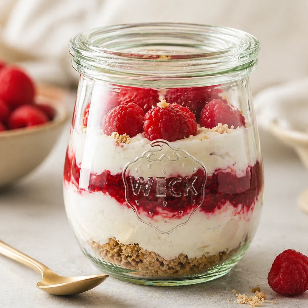 WECK Verre tulipe 220ml RR60 comme verre à dessert rempli de framboises et de crème à côté d'une cuillère dorée sur une table en marbre