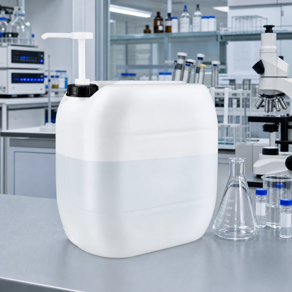 Grand bidon blanc de 30 litres pour produits chimiques, équipé d'un distributeur à pompe, posé sur un plan de travail en acier inoxydable