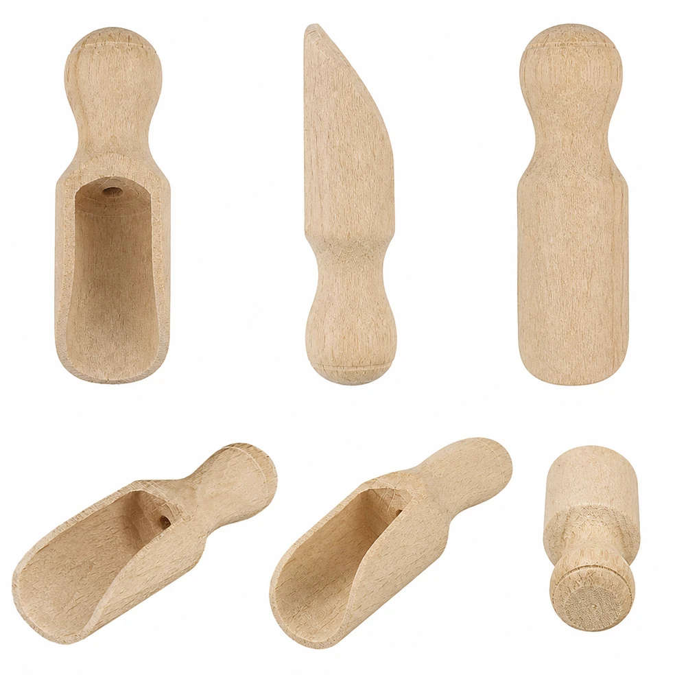 Pelle en bois XS Set sous différents angles montre une forme semi-circulaire et une fabrication artisanale en bois naturel
