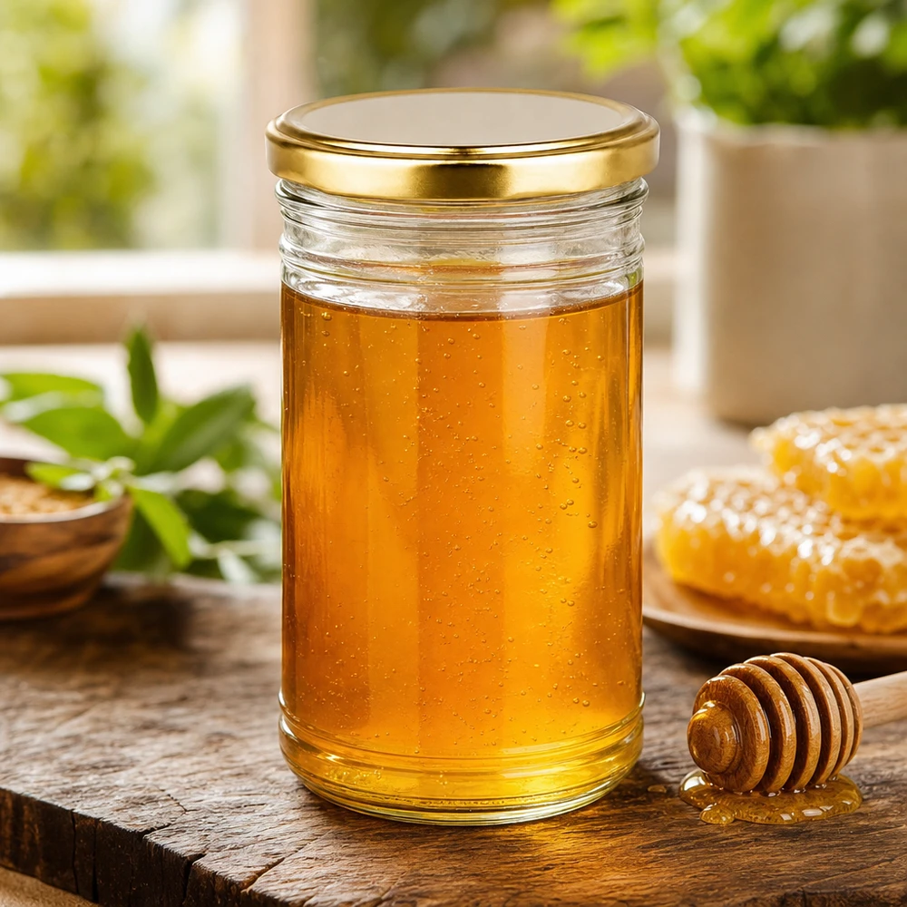 1053ml Verre conique avec couvercle BasicSeal or UNiTWIST Miel en pot de 1053 ml avec couvercle doré BasicSeal à côté du pot de miel et du rayon de miel sur une table en bois.