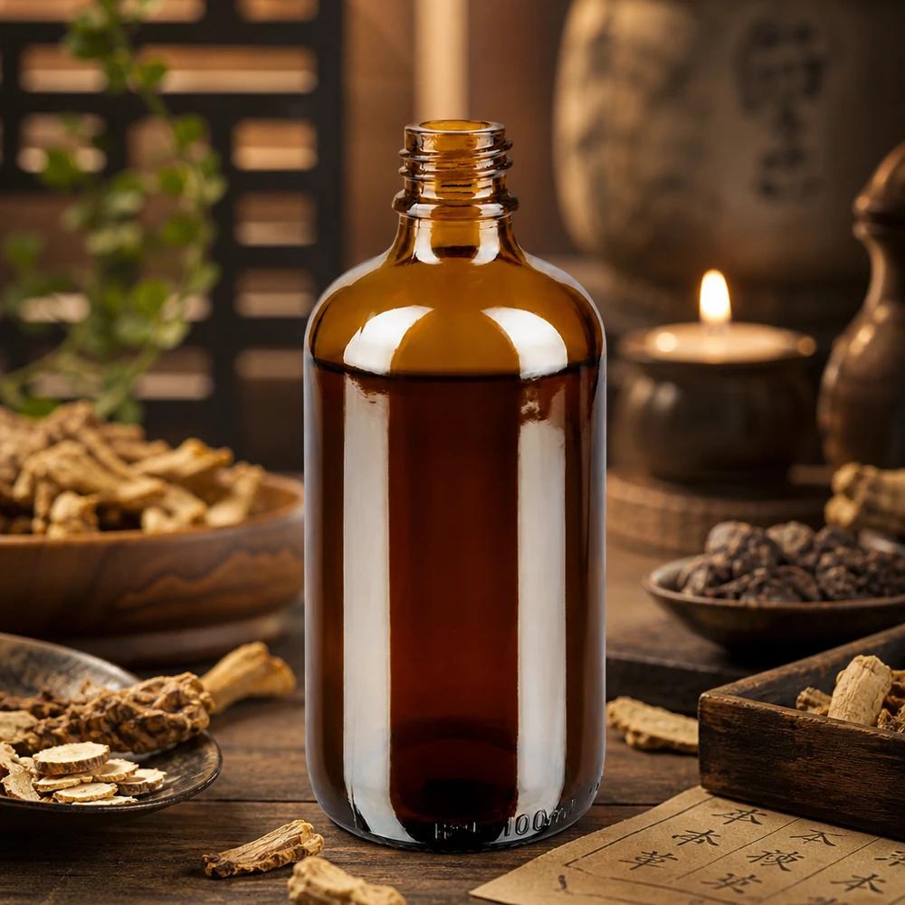 Bouteille de pharmacie brune de 100ml ApoGlas avec des herbes de MTC ginseng et poivre dans la pratique de la médecine asiatique