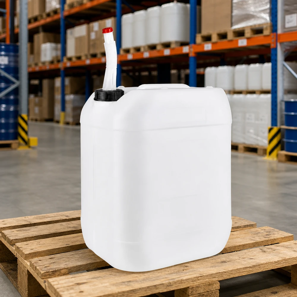 Bidon en plastique translucide de 20 L avec bec verseur flexible pour produits chimiques