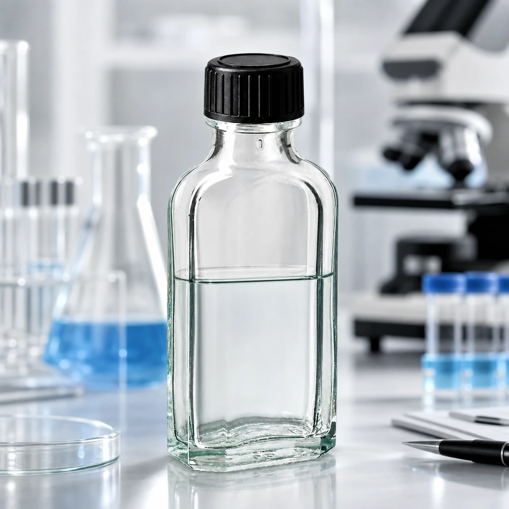 Flasque transparente de 50 ml au goulot DIN 22, avec bouchon à vis DIN 22 noir et joint LKD Bouteille carrée en verre transparent de 50 ml avec bouchon à vis noir, à côté d'appareils de laboratoire