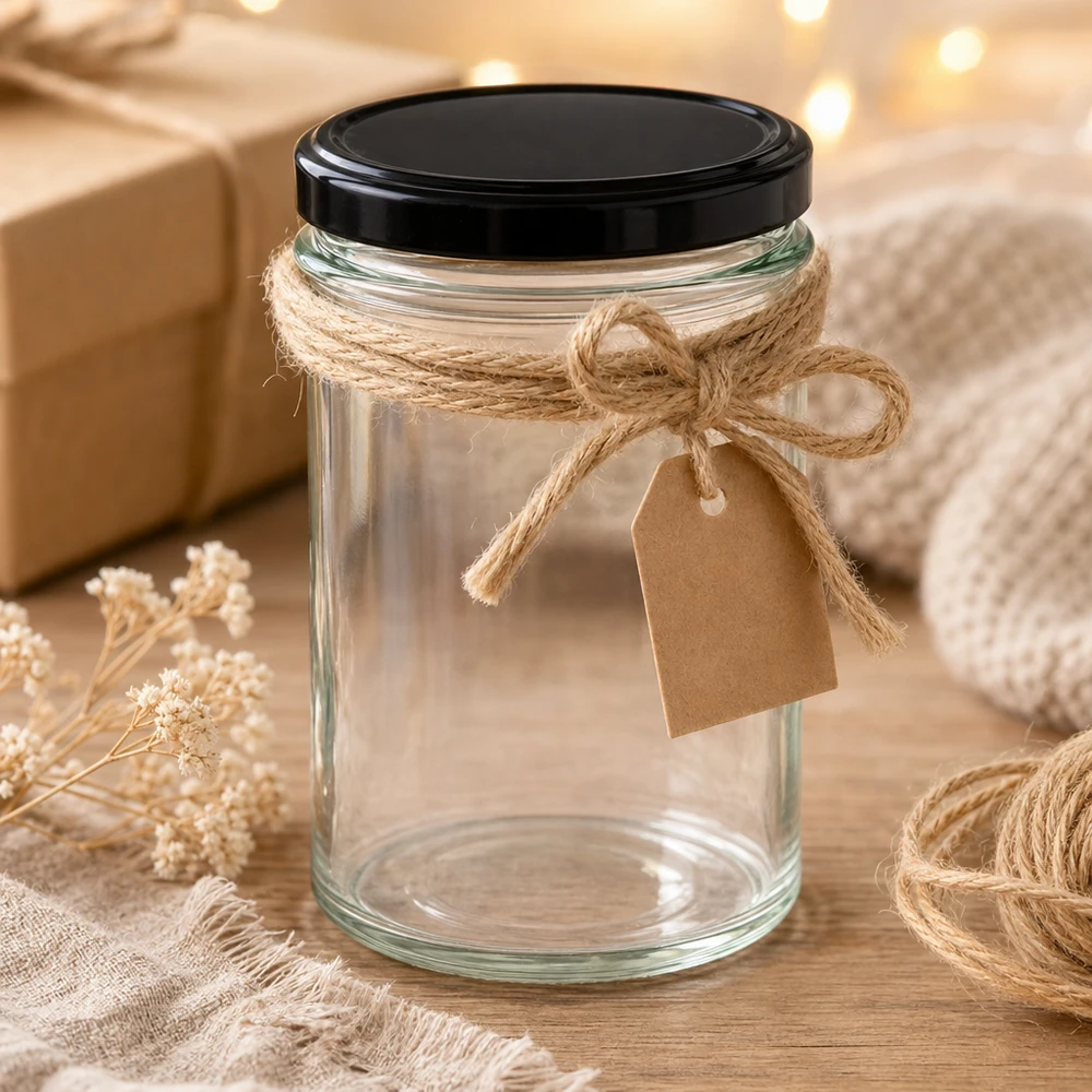 230ml Verre conique avec couvercle BasicSeal noir UNiTWIST 230ml verre renversé avec couvercle noir et corde de jute emballage cadeau décoration rustique projet de bricolage
