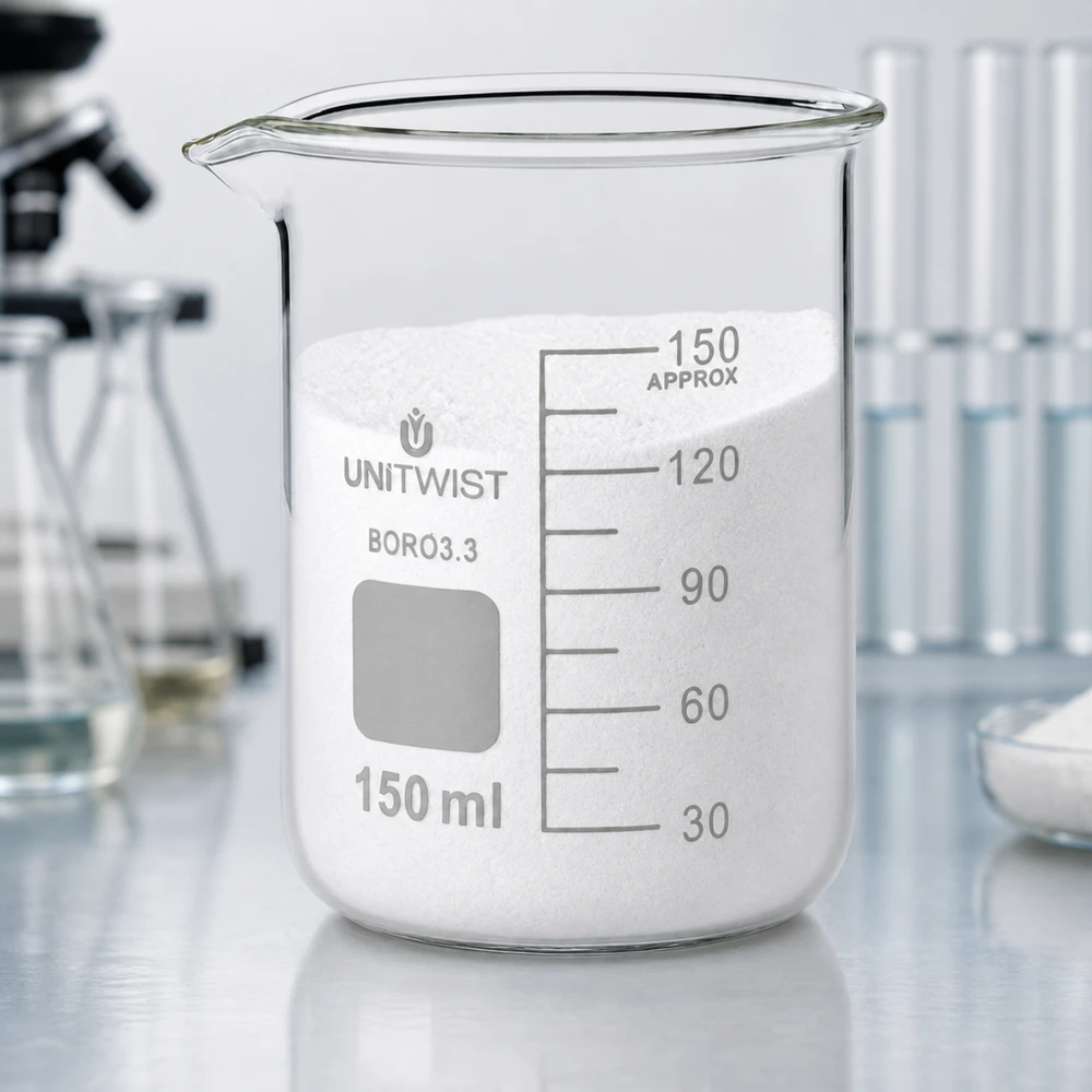 Bécher 150ml borosilicate, forme basse UNiTwist Verre à bec de forme basse, 150 ml, UNiTwist, en borosilicate, contenant une substance blanche et muni d'une échelle graduée