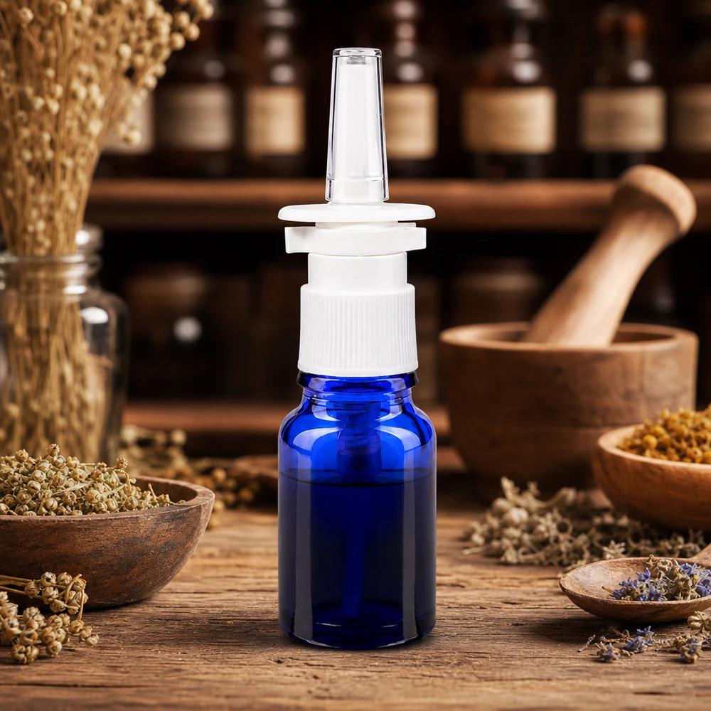 Flacon en verre pharmaceutique bleu de 10 ml muni d'un pulvérisateur nasal, entouré d'herbes médicinales séchées
