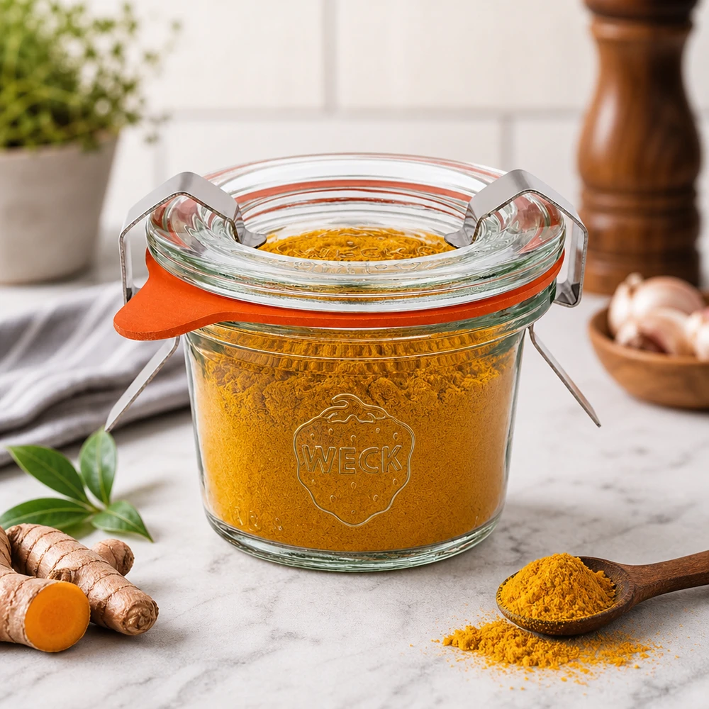 WECK Pot de 35ml RR40 rempli de curcuma à côté de gingembre frais montre la conservation d'épices et d'herbes aromatiques