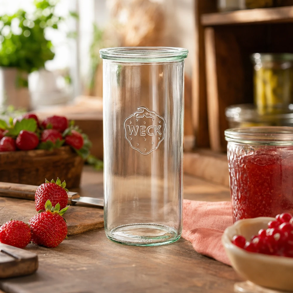 WECK Pot renversé de 1500ml RR100 dans une cuisine rustique avec des fraises fraîches et de la confiture comme décoration