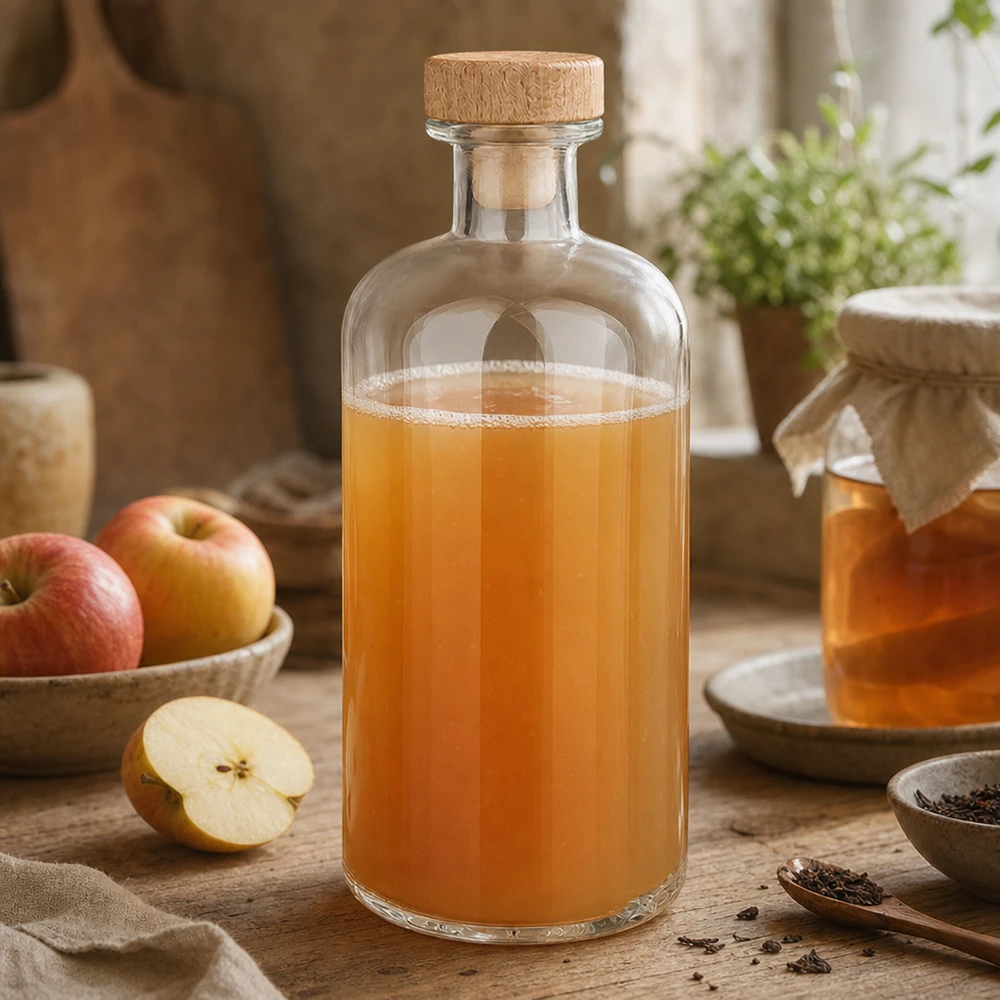 Flacon à pharmacie « Flora » 500 ml avec bouchon en bois UNiTWIST® Bouteille en verre Flora 500ml remplie de vinaigre de cidre entre des pommes fraîches et des épices sur une table en bois cuisine rustique