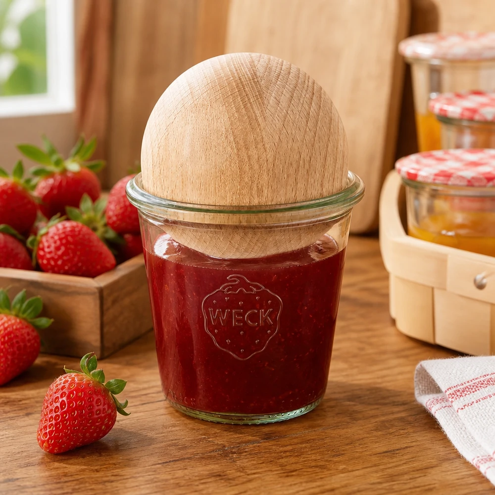 WECK Pot de conserve 290ml RR80 rempli de confiture de fraise et bouchon boule en bois en hêtre dans Cuisine