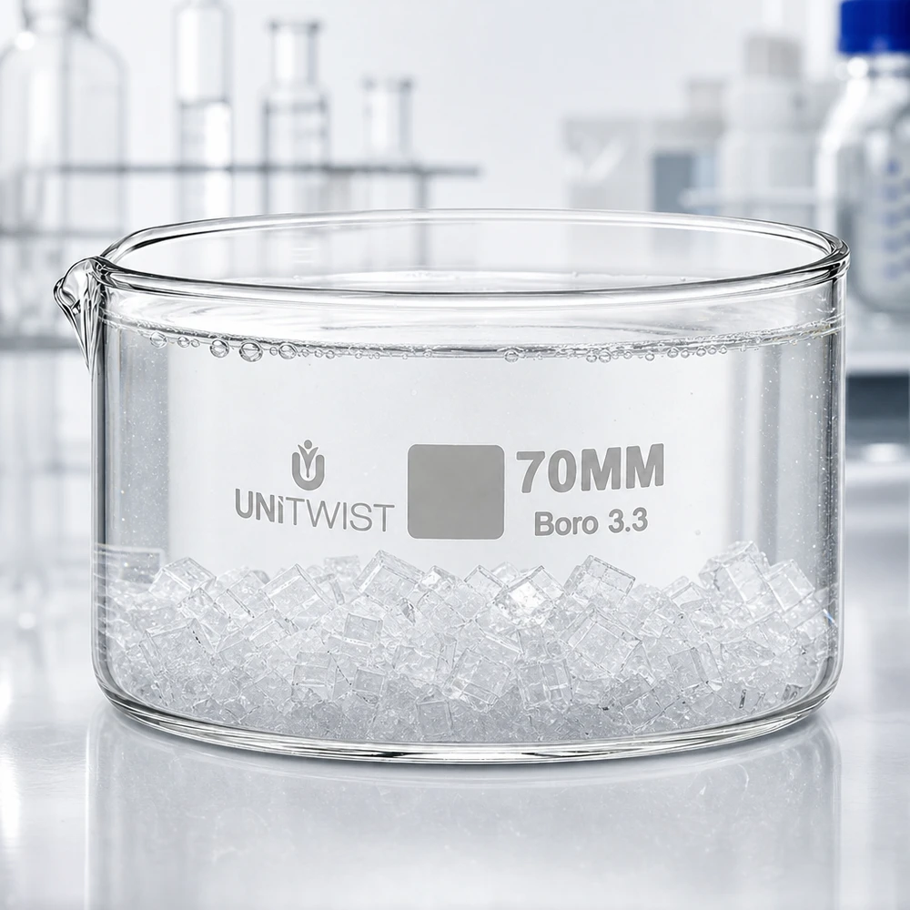 Cristallisoir ø70mm verre borosilicaté UNiTWIST Coupelle plate en verre de 70 mm de diamètre, en verre borosilicaté UNiTWIST, destinée aux applications chimiques