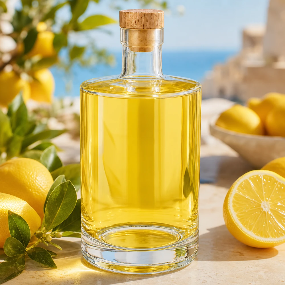 Bouteille en verre 700 ml « Marie » avec bouchon en bois UNiTWIST® Bouteille en verre Marie de 700 ml avec contenu jaune et citrons disposés de manière décorative sur une table en bois à l'extérieur