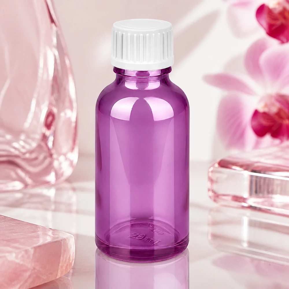 Flacon de 30ml (globules). Anneau de coulée 3mm blanc Standard PurpleLine. UT18/30 Flacon robuste de 30 ml en verre teinté avec protection UV pour les substances sensibles à la lumière