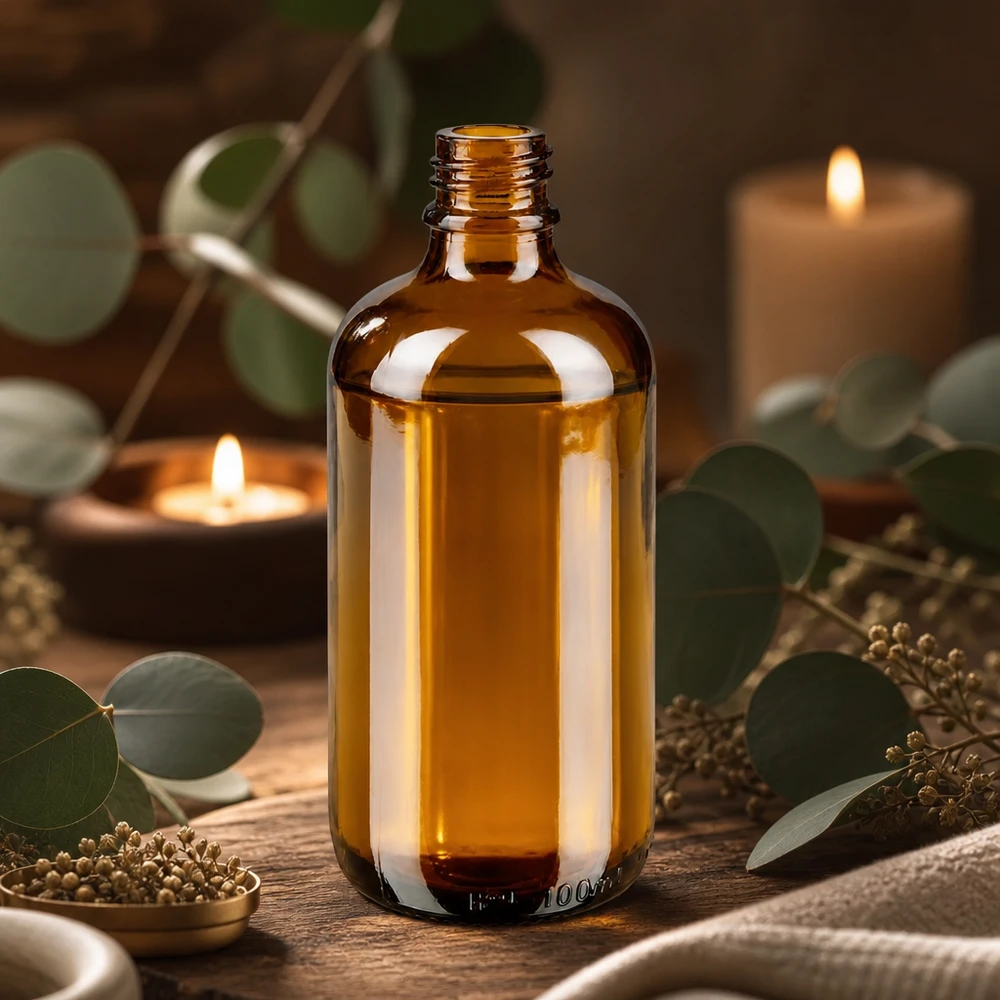 Bouteille de pharmacie brune ApoGlas 100ml décorée avec des huiles essentielles, de l'eucalyptus et des bougies