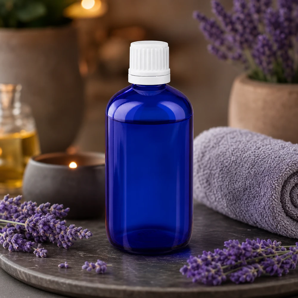 Flacon protecteur de lumière bleu cobalt de 100 ml avec compte-gouttes de 0,7 mm pour huiles essentielles et essences