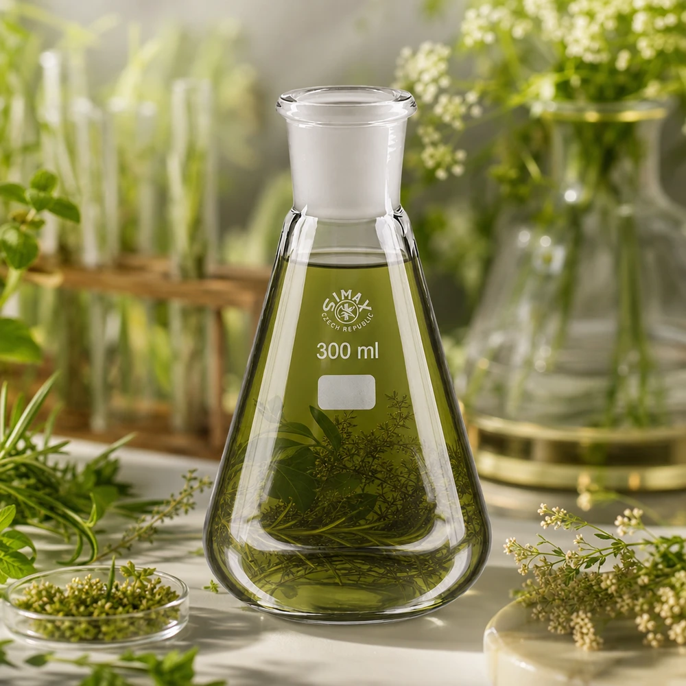 Erlenmeyer 300 ml col étroit, verre borosilicate avec rodage normalisé 29/32 Fiole d'Erlenmeyer 300ml avec des parties organiques de plantes, idéale pour les analyses phytochimiques