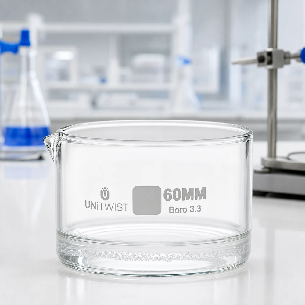 Cristallisoir ø60mm verre borosilicaté UNiTWIST Coupelle de cristallisation transparente vide de 60 mm en Boro 3.3, devant un support de laboratoire et un ballon d'Erlenmeyer