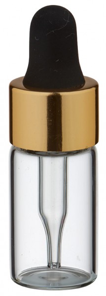 Mini flacon transparent de 3 ml, avec pipette compte-gouttes PL28 dorée/noire Mini flacon transparent de 3 ml, avec pipette compte-gouttes PL28 dorée/noire