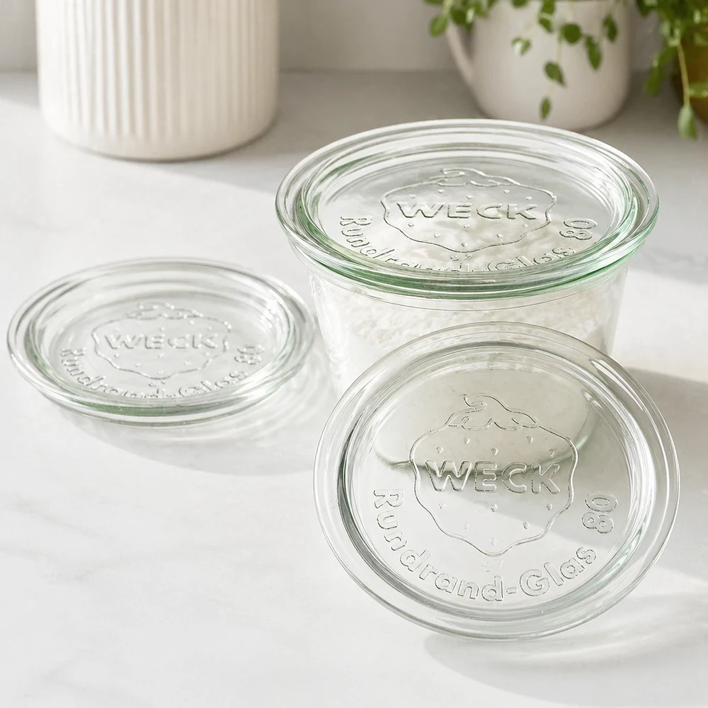 Couvercle en verre WECK RR80 WECK Glasdeckel RR80 Set mit drei Deckeln auf weißer Oberfläche in moderner Küche für stylische Aufbewahrung