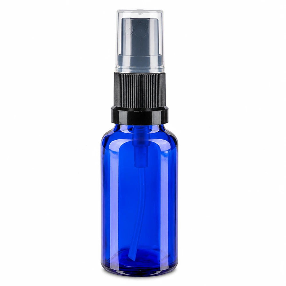 Petit flacon pulvérisateur de pharmacie de 20 ml en verre bleu avec tête de pulvérisation noire