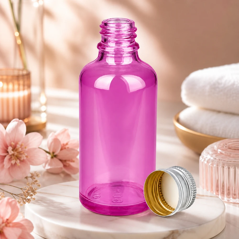 Flacon 50ml bouchon à vis 11mm alu-argent standard PurpleLine.UT18/50 Flacon en verre violet de 50 ml avec bouchon argenté mat pour une protection UV optimale de vos produits