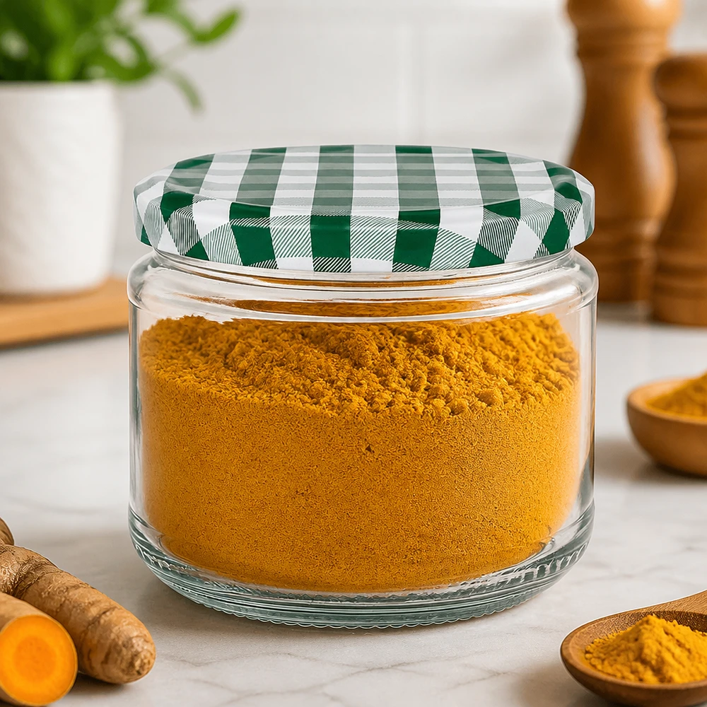 330ml Verre rond avec couvercle BasicSeal vert/blanc UNiTWIST Bocal rond de 330 ml rempli de poudre de curcuma, couvercle BasicSeal vert et blanc, conservation des épices dans la cuisine