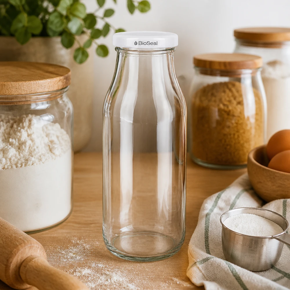 263ml Bouteille avec couvercle BioSeal blanc UNiTWIST UNiTWIST Bottle263 Bouteille en verre vide dans un environnement de cuisine avec placards de rangement et ustensiles de cuisine en bois