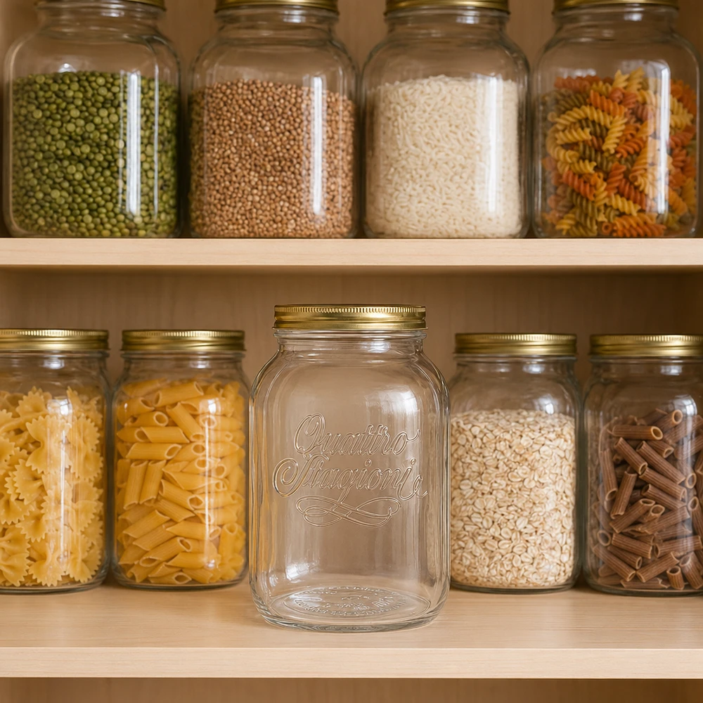 3000ml Quattro Stagioni bocal en verre dans un placard organisé avec des pâtes, du riz et des légumineuses montre un rangement pratique.