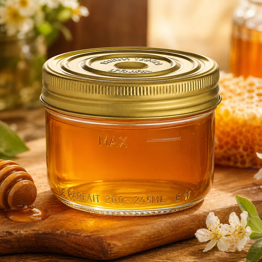 Le Parfait® Familia Wiss 200 g Ø82 mm bocal 245ml pot renversé Familia Wiss avec couvercle doré rempli de miel sur planche en bois avec cuillère à miel et fleurs