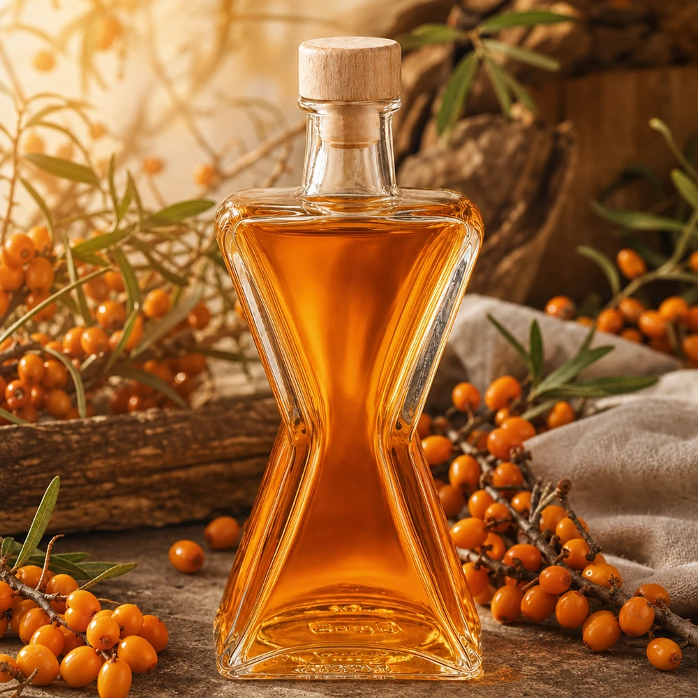 Bouteille en verre 200 ml « Star » avec bouchon en bois UNiTWIST® 200ml Glasflasche Star mit Sanddornöl gefüllt - Holzkorken UNiTWIST perfekt für Kräuteröle und Essenzen