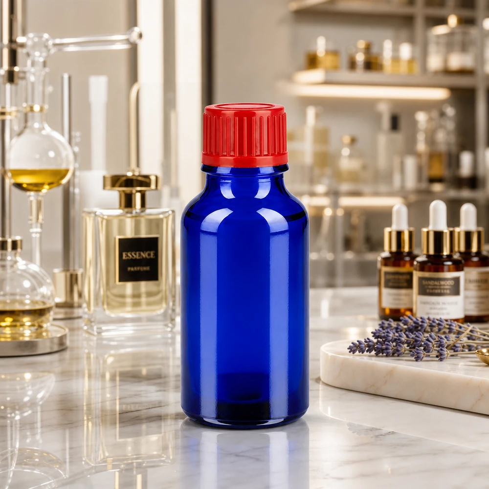 Flacon 20ml 11mm SV rouge STD BlueLine UT18/20 Flacon professionnel en verre bleu cobalt de 20 ml avec bouchon rouge anti-fuite