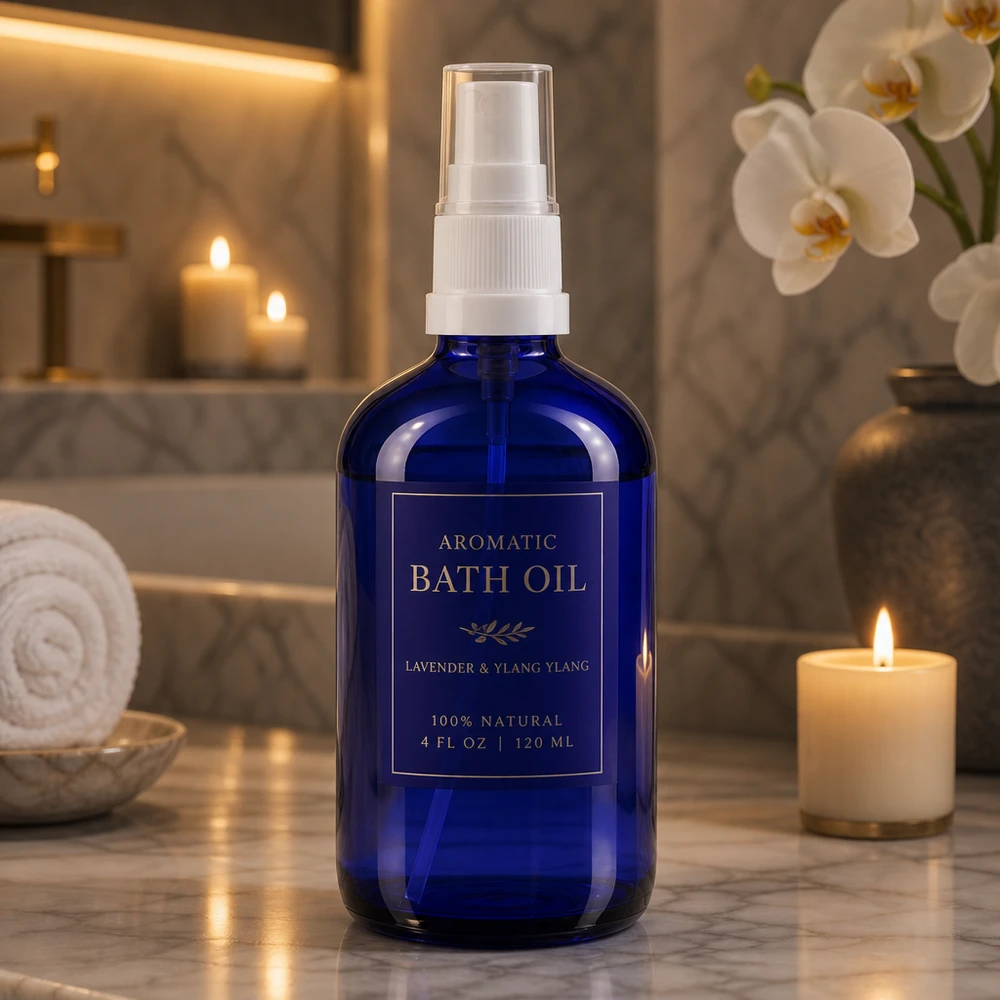 Flacon vaporisateur en verre d'apothicaire haut de gamme, 100 ml, bleu, avec diffuseur doseur, pour huiles de bain et de bien-être
