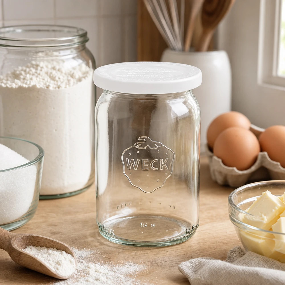 WECK RR40 Pot cylindrique 145ml avec couvercle blanc sur planche en bois à côté d'ingrédients de cuisson comme les œufs, la farine et le beurre