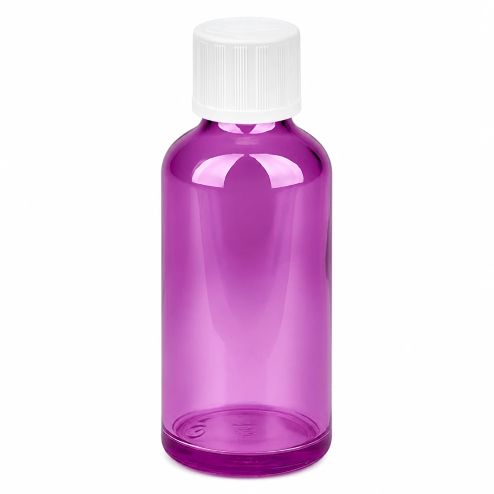 Flacon compte-gouttes 50ml 1.2mm blanc standard sécurité enfant PurpleLine.UT18/50 Bouteille ronde en plastique de 50 ml en violet transparent avec fermeture de sécurité pour les enfants