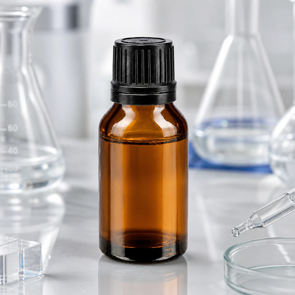 Flacon de pharmacie brun avec protection UV, 15 ml, muni de son bouchon d'origine, pour produits chimiques et réactifs