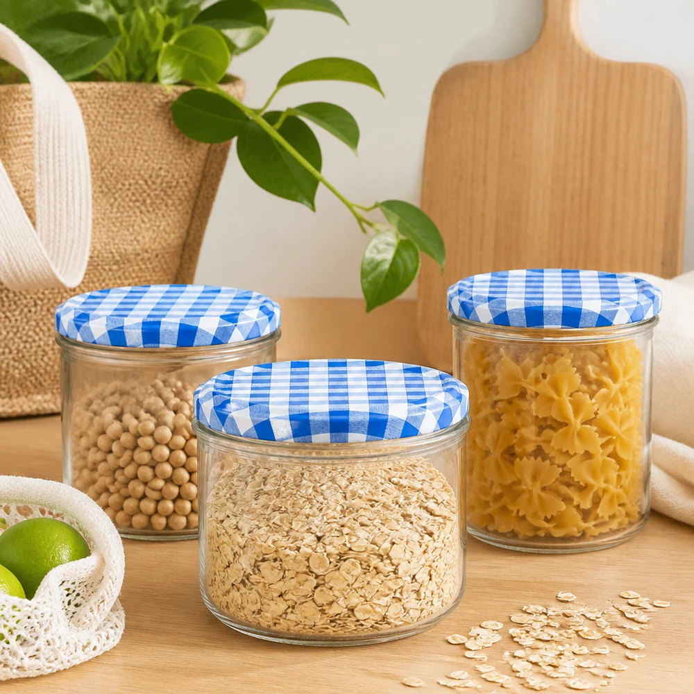 Pots cylindriques 230ml avec couvercle BasicSeal bleu-blanc pour aliments, organisation de la cuisine avec pâtes, flocons d'avoine, soja