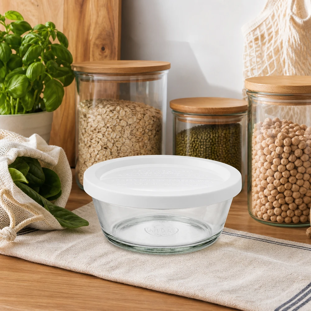 300ml bocal gourmet avec couvercle fraîcheur WECK RR120 WECK RR120 Gourmetglas 300ml mit weißem Deckel in natürlicher Küchenumgebung mit Kräutern und Vorratsgläsern