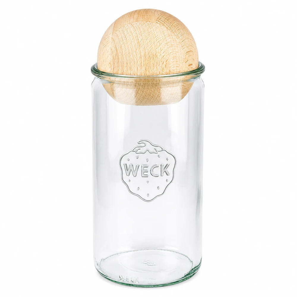 WECK Pot cylindrique 1590ml RR100 avec boule en bois de hêtre comme fermeture durable pour la conservation des provisions