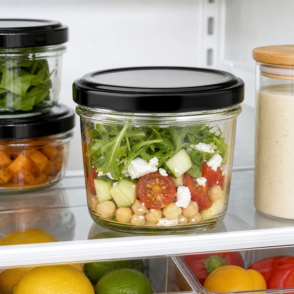 Le bocal de 230 ml avec couvercle noir placé au réfrigérateur et rempli de salade fraîche permet une conservation optimale.