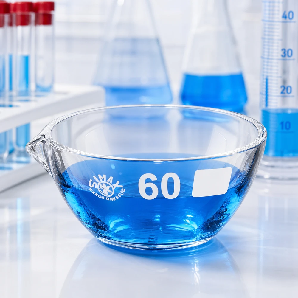 Capsule d’évaporation 45 ml en verre borosilicate, avec bec verseur Bol d'évaporation résistant aux acides de 45 ml ø60mm en borosilicate avec un design de bec verseur pratique