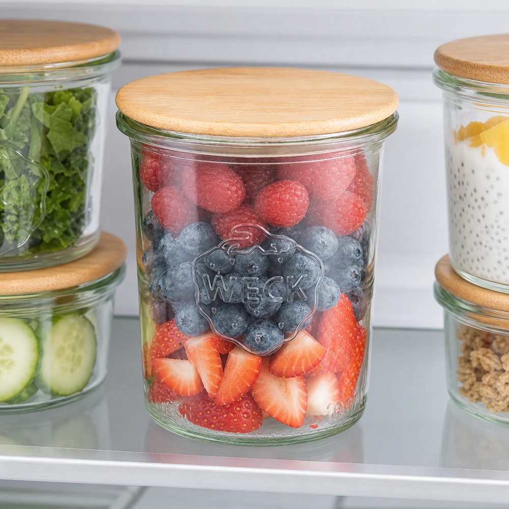 WECK Pot renversé 160ml RR60 Réfrigérateur conservation baies fraîches fruits stockage organisé couvercle en bambou