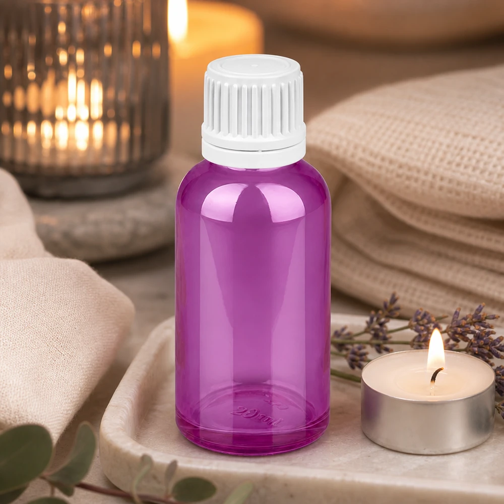 Bouteille 30ml bouchon à vis 11mm blanc Originalité Bouchon à vis PurpleLine UT18/30 Bouteille de pharmacie de 30 ml en violet élégant avec couvercle blanc pour les remèdes naturels et les teintures
