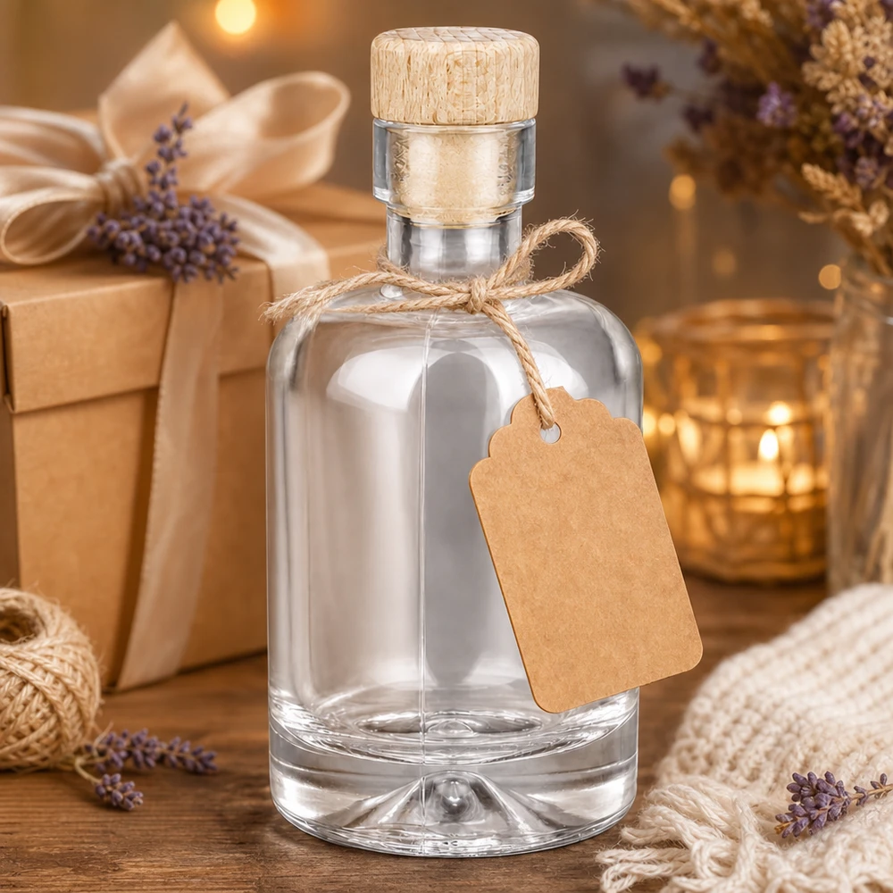Bouteille en verre 50 ml « Amelie » avec bouchon en bois UNiTWIST Bouteille en verre Amélie de 50 ml comme set cadeau, décorée avec un pendentif en papier kraft à la lavande et une bougie chaude