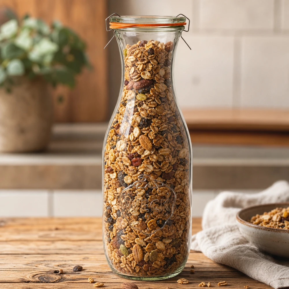 WECK Bouteille de jus 1062ml RR60 remplie de noix de muesli présentée comme bocal de stockage dans une atmosphère de cuisine chaleureuse