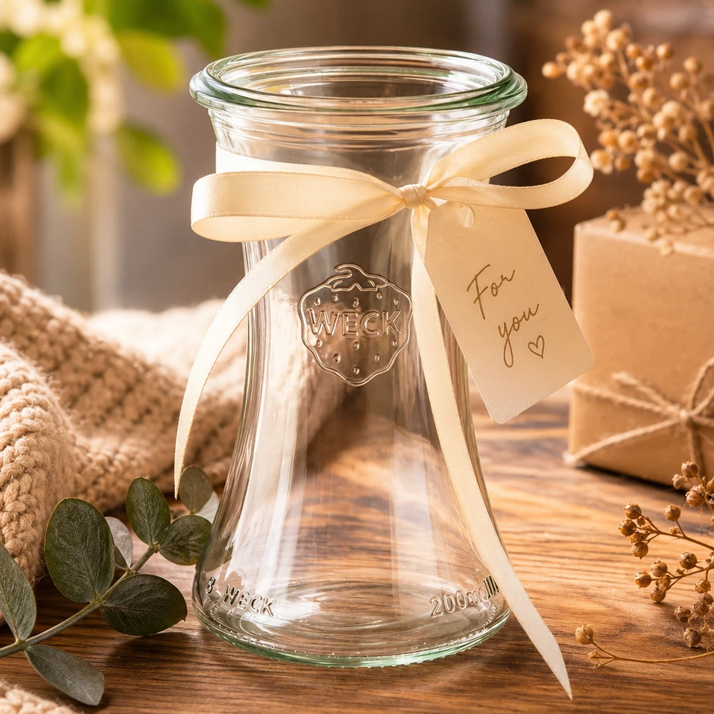 WECK RR60 Pot à délicatesse 200ml avec ruban crème et étiquette cadeau comme emballage cadeau sur bois