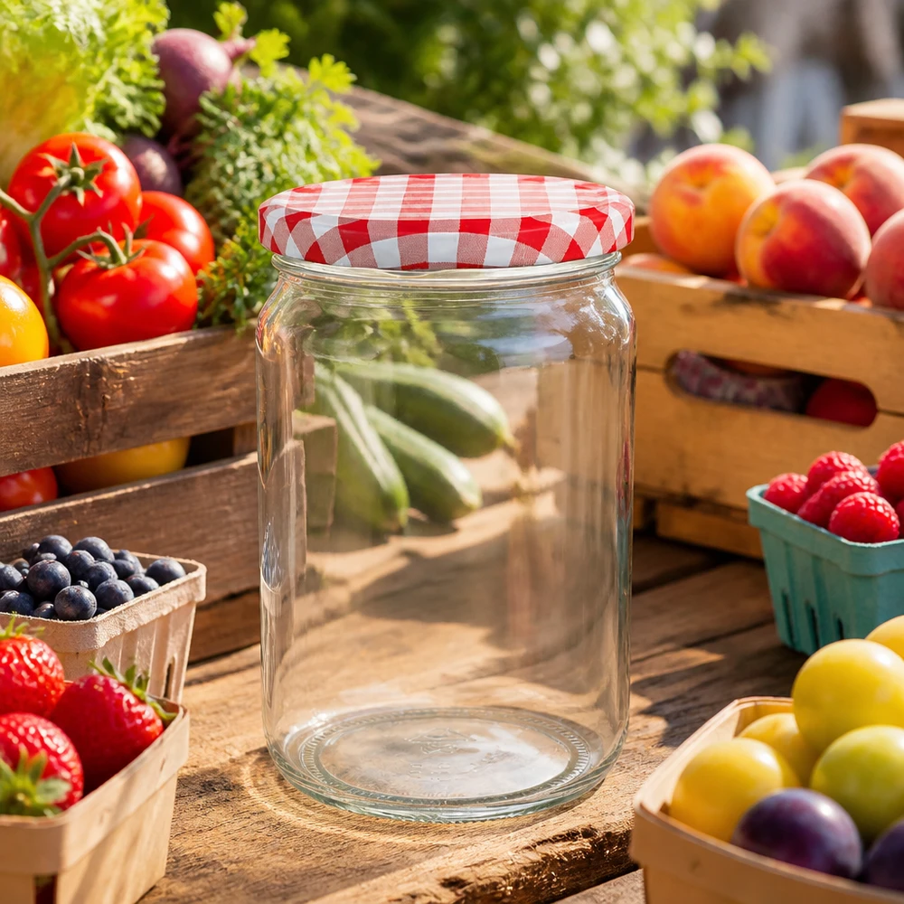 Bocal rond de 795 ml avec couvercle à carreaux rouges et blancs entre des fruits et légumes frais sur une table en bois dans le jardin