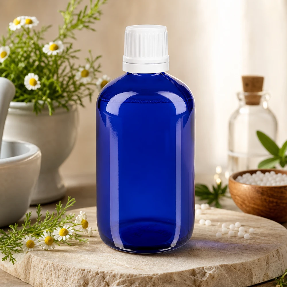 Flacon de pharmacie bleu cobalt de 100 ml avec bouchon à vis de sécurité blanc, au milieu d'herbes médicinales fraîches